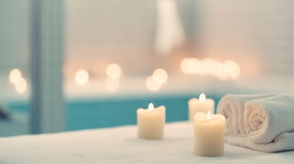 Softly lit spa with rolled towels and flickering candles