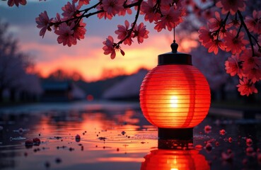 Red paper lantern glowing among cherry blossoms at sunset with water reflection