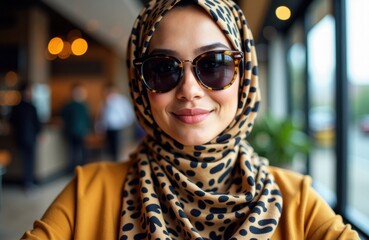 Woman wearing hijab and sunglasses smiling in modern indoor cafe environment