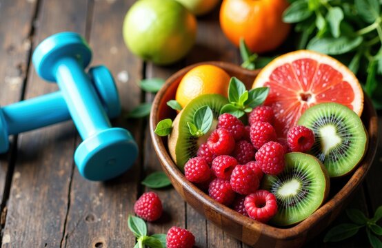Bowl of fresh fruit with workout dumbbells on rustic wooden table and herbs
