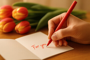 Writing a Personalized Note with Tulips Nearby