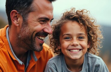 Man and young boy smiling together in warm outdoor family candid moment