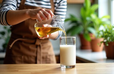 Woman pouring hot tea into a glass of milk on a wooden kitchen counter