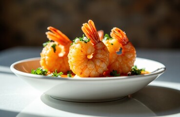 Shrimp dish served in a pristine white bowl with herbs and citrus garnish