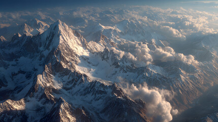 Aerial view of snow capped mountain range with clouds and sunlight casting shadows on the peaks