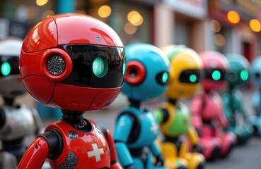 Fototapeta premium Colorful robots line up along a busy city street in vibrant urban colors