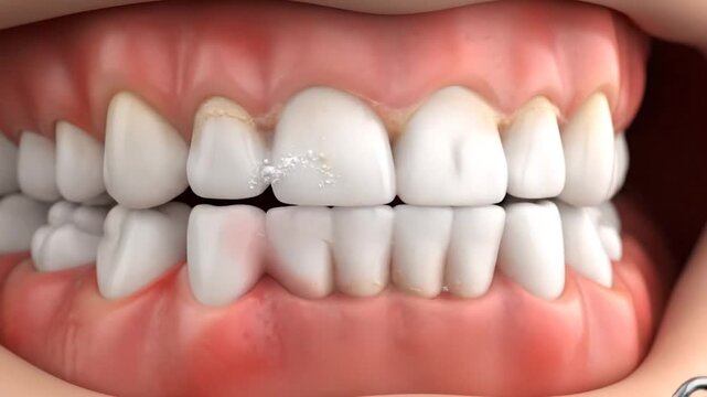 Close up extreme dental cleaning procedure removing plaque and tartar buildup from human teeth with specialized dental instrument showing healthy white enamel gums and pink oral cavity