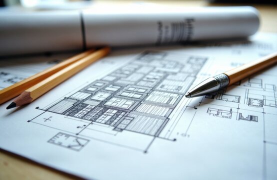 Blueprints spread on a wooden desk with pencils and a pen, showing planning