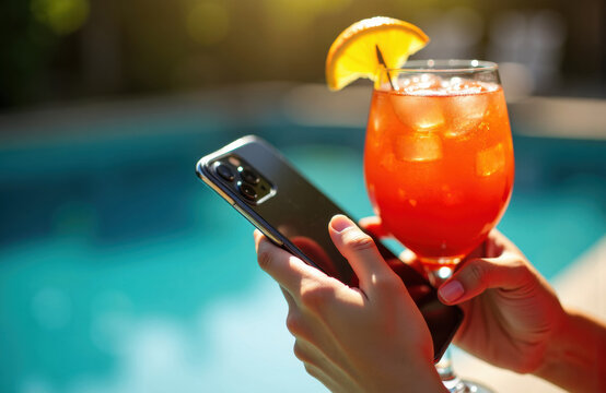 Woman holding smartphone and cocktail by poolside during golden hour sunlight - Powered by Adobe
