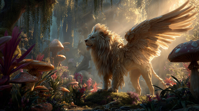 Majestic winged lion standing guard in magical forest with glowing mushrooms, perfect for fantasy novels and enchanting children's books