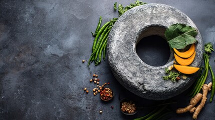 A circular arrangement of fresh vegetables and spices on a textured surface