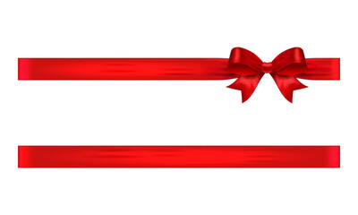 Red ribbon with bow on right and lower strip, glossy vector banner element for vouchers, coupons, promo designs and gift packaging