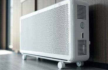 Electric heater on wheels placed against wooden wall in modern interior