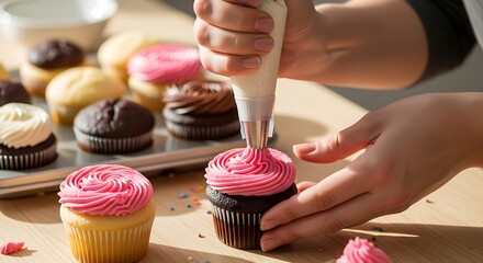 Decorating homemade cupcakes with delicious frosting for a special event