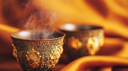 Two ornate arabic coffee cups with steam rising, on a golden silk cloth