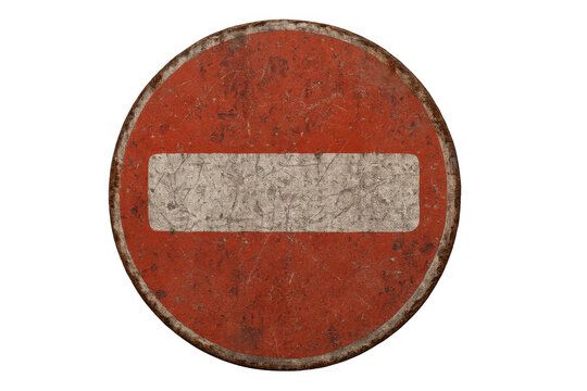 Old rusty no entry sign presenting traffic restriction and prohibition symbols, weathered road warning element on transparent background