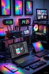 RGB Gaming Workspace With Laptop, PC Tower, and LED Tech Setup.