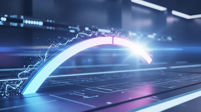 Close-up of moving graphic data animation with glowing blue arc and lines on a futuristic interface with a dark background and cinematic lighting.