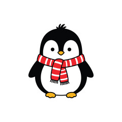 Charming Cartoon Penguin with Red and White Striped Scarf.