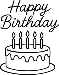 This minimalist design features a classic birthday cake topped with five candles and the phrase "Happy Birthday" in elegant cursive. The monochromatic style makes it versatile for coloring projects, g