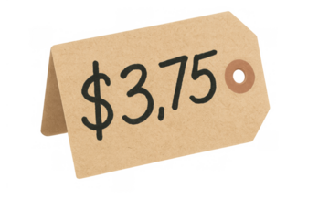 Cardboard price tag displaying $3.75, showing retail cost, market value, and shopping sale item total