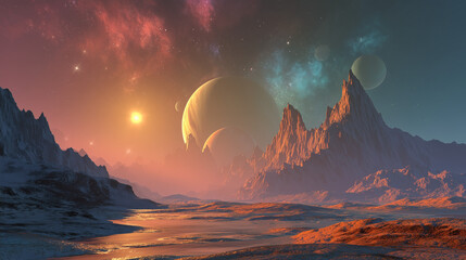 Explore a stunning alien planet landscape with vibrant colors and majestic mountains under a breathtaking cosmic sky, perfect for science fiction art