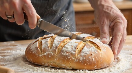 Male hands cutting freshly baked bread on wooden surface