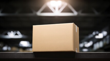 A single cardboard box sits on a shelf in a dimly lit warehouse