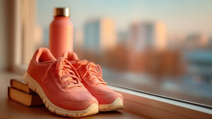 2026 fitness goal journal with workout plan, clean lifestyle setup, water bottle, running shoes, fresh morning energy,