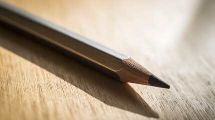 A sharp graphite pencil rests on a textured wooden surface