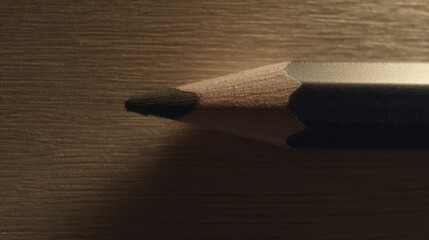 A sharp black pencil point lies on a dark wood grain surface