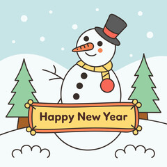Festive Snowman Illustration with Happy New Year Banner 1.