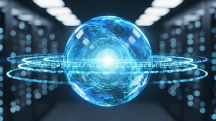 Close-up of a glowing blue sphere with moving graphic data animation, surrounded by concentric rings and floating in a futuristic server room with rows of computer racks and soft blue - Powered by Adobe
