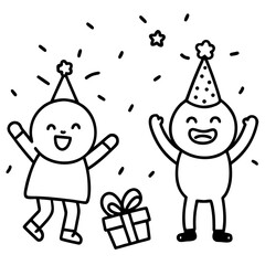 Fototapeta premium Joyful Celebration Two Cartoon Figures with Party Hats and Gift.