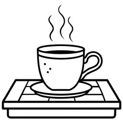 Steaming Cup of Coffee on a Wooden Tray.