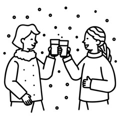 Two Friends Toasting Drinks in Winter Line Art.