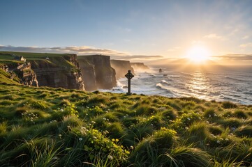 Sunset over cliffs of moher with celtic cross and lush greenery