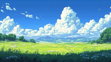 Bright Summer Meadow Landscape in Vibrant Pixel Art Style