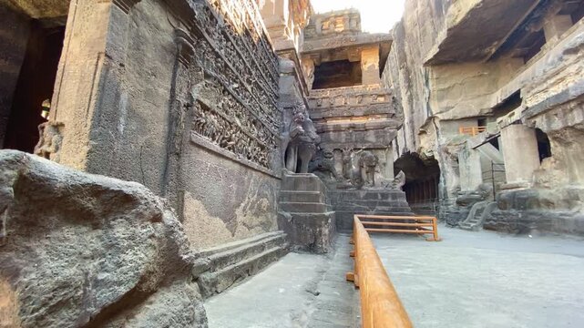 ELLORA INDIA FEBRUARY 26th 2020 The vast monolithic Kailasa Temple, Cave 16. A Hindu temple dedicated to Shiva is seen at the Ellora Caves. A UNESCO World Heritage Site in Maharashtra, India.