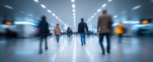 Fototapeta premium Busy airport corridor filled with travelers in motion and blurred activity.