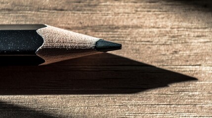 A closeup of a sharpened pencil tip casting a shadow on wood