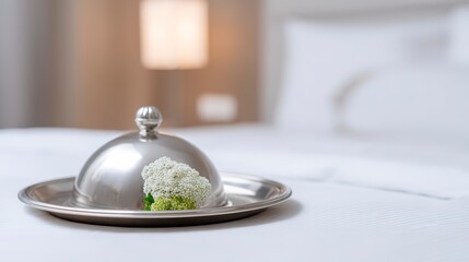 A silver cloche sits on a tray with a small white flower on a hotel bed