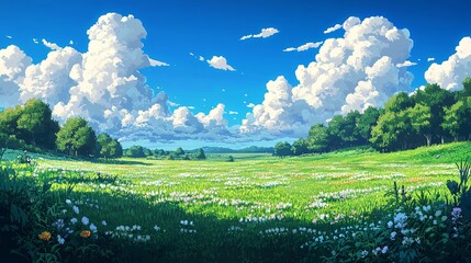 Bright Summer Meadow Landscape in Vibrant Pixel Art Style