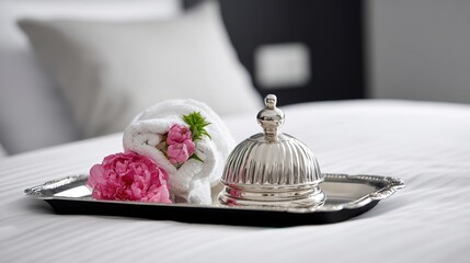 A silver tray with a folded towel and pink peony flower on a hotel bed