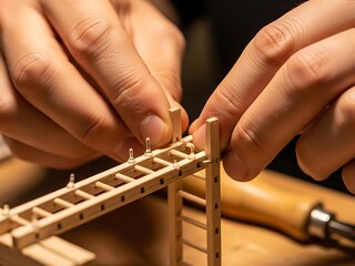 Intricate craftwork assembling a delicate wooden structure meticulously