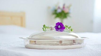 A silver tray with a purple flower on its lid sits on a hotel bed