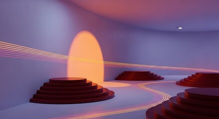 Minimalist showcase with radiating light trails and tiered podiums indoors