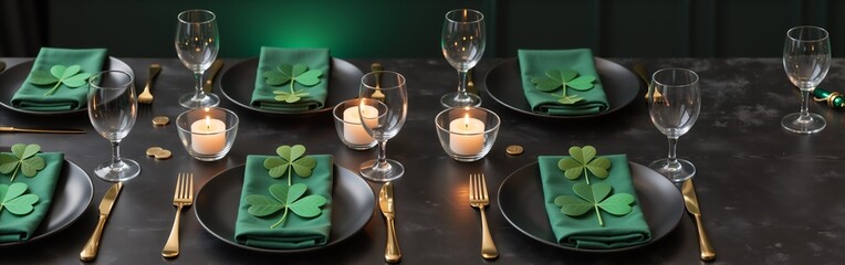 Elegant st. patrick's day table setting with shamrock decor and candles