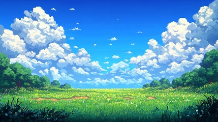 Bright Summer Meadow Landscape in Vibrant Pixel Art Style
