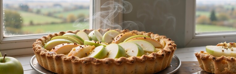 Freshly baked apple pie with steaming slices by a scenic window view